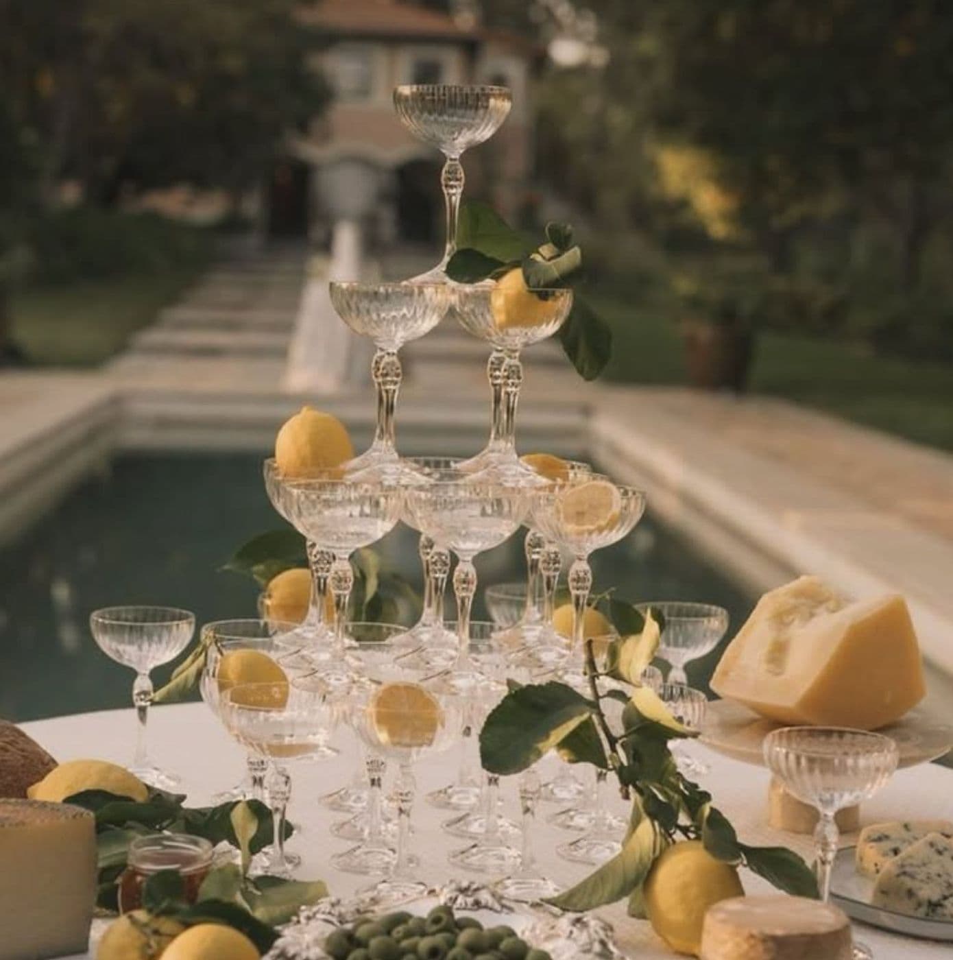 A coupe champagne tower dressed with lemons